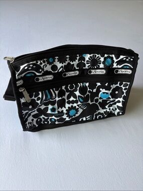 Lesportsac Black, White & Teal Floral Zip Cosmetic Pouch